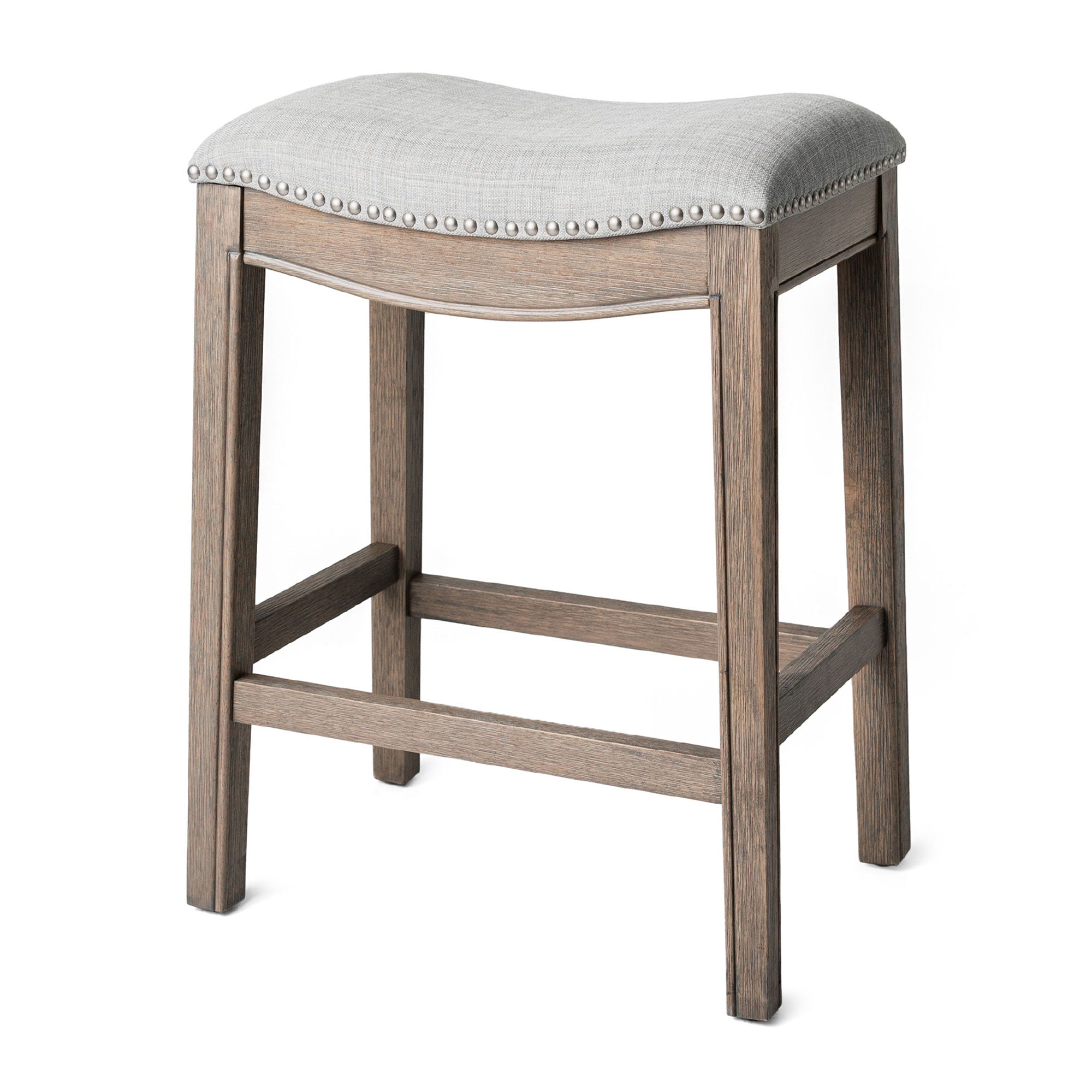 Adrien Saddle Counter Stool in Reclaimed Oak Finish w/ Ash Grey Fabric Upholstery