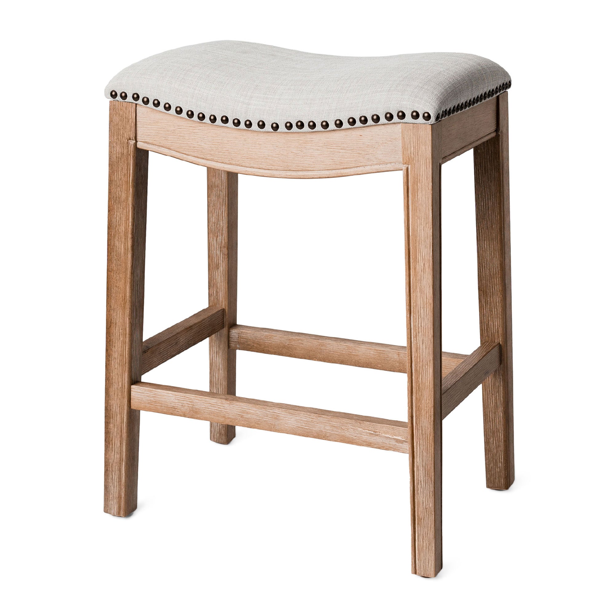 Adrien Saddle Counter Stool in Weathered Oak Finish w/ Sand Color Fabric Upholstery