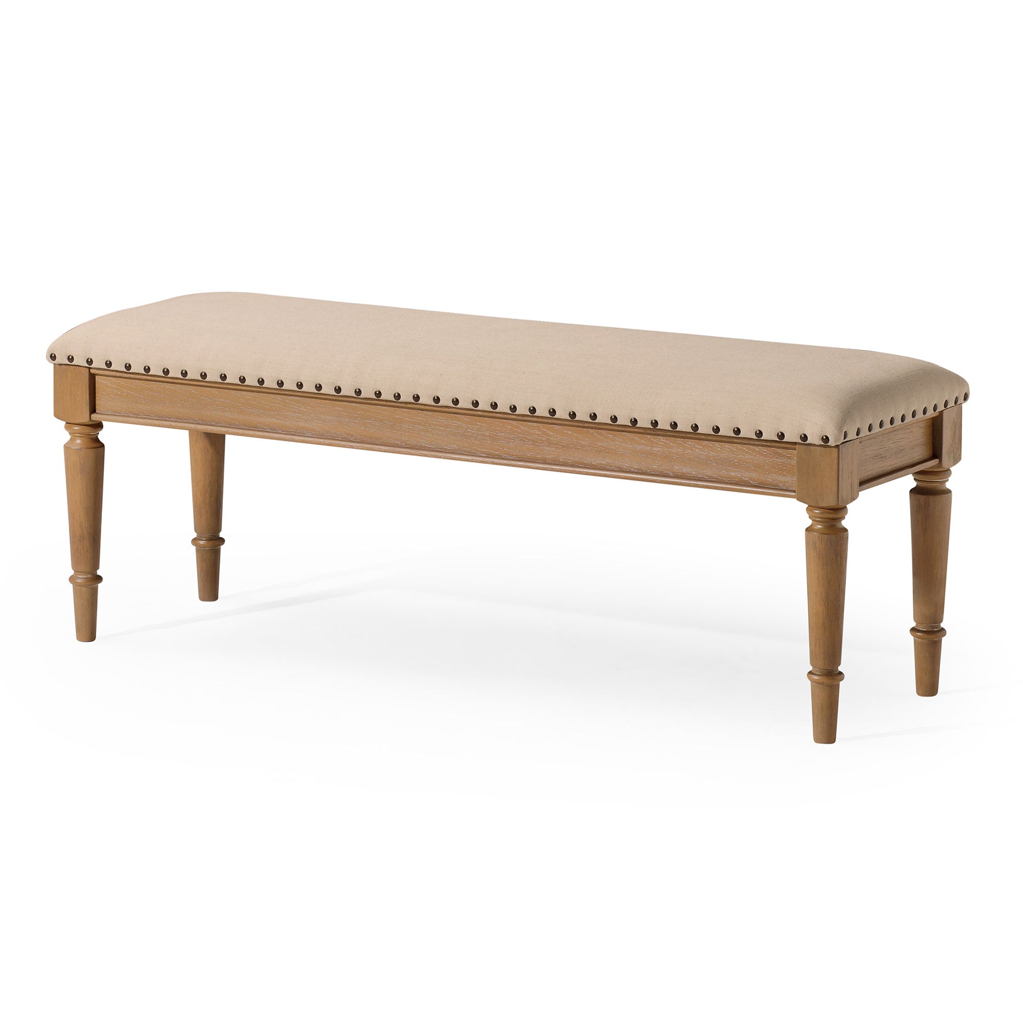 Elizabeth Traditional Upholstered Wood Bench, Antiqued Natural Finish