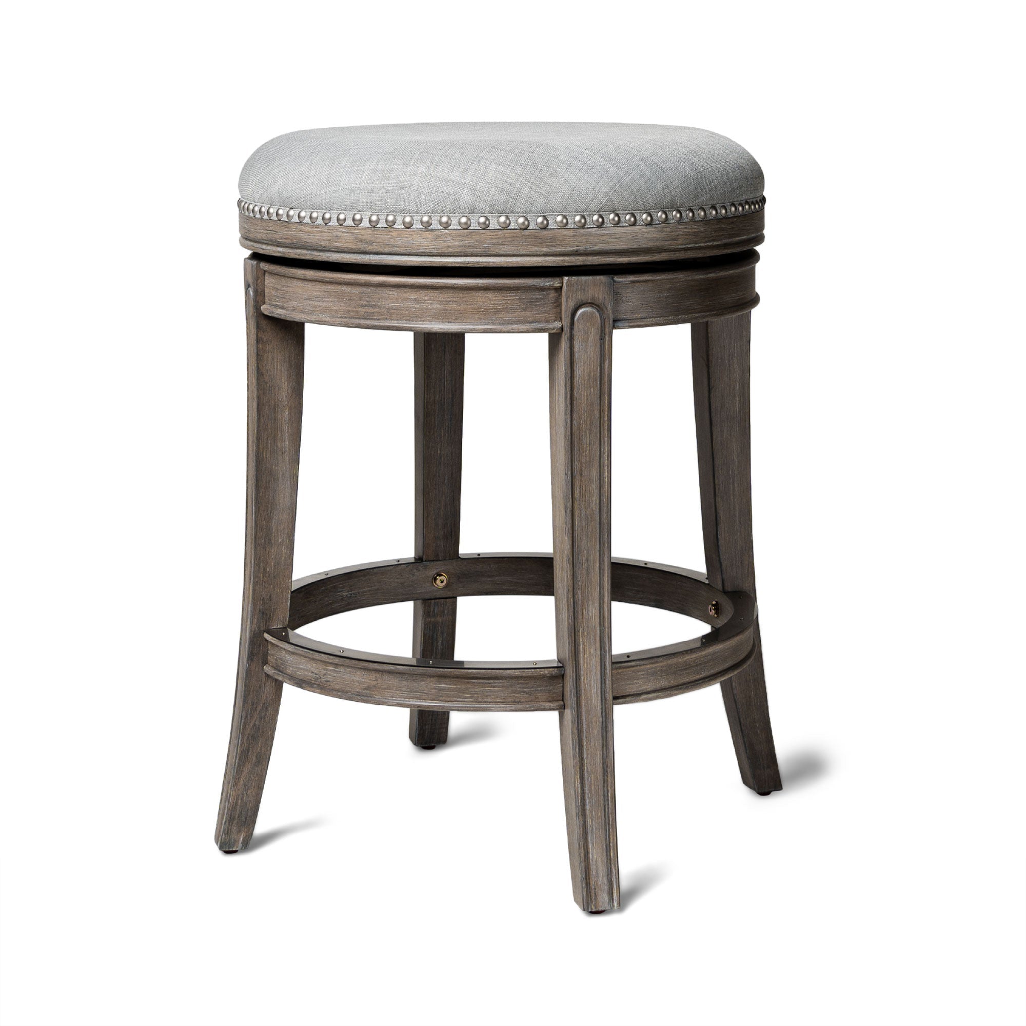 Alexander Backless Counter Stool in Reclaimed Oak Finish w/ Ash Grey Fabric Upholstery