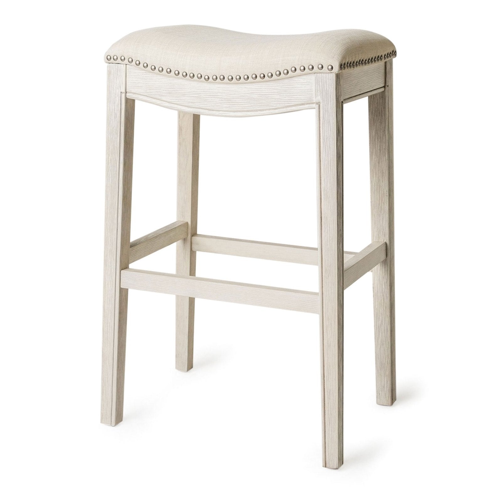Adrien Saddle Bar Stool in White Oak Finish w/ Natural Fabric Upholstery