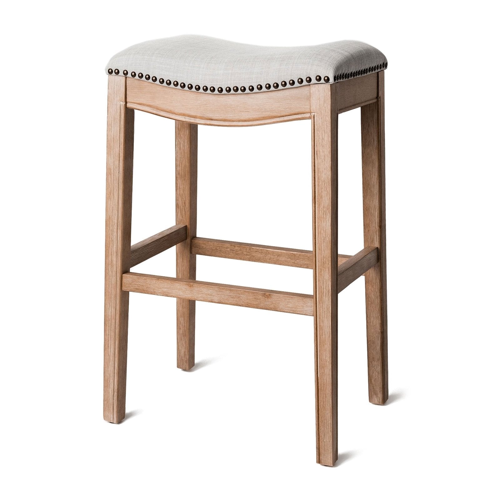 Adrien Saddle Bar Stool in Weathered Oak Finish w/ Sand Color Fabric Upholstery