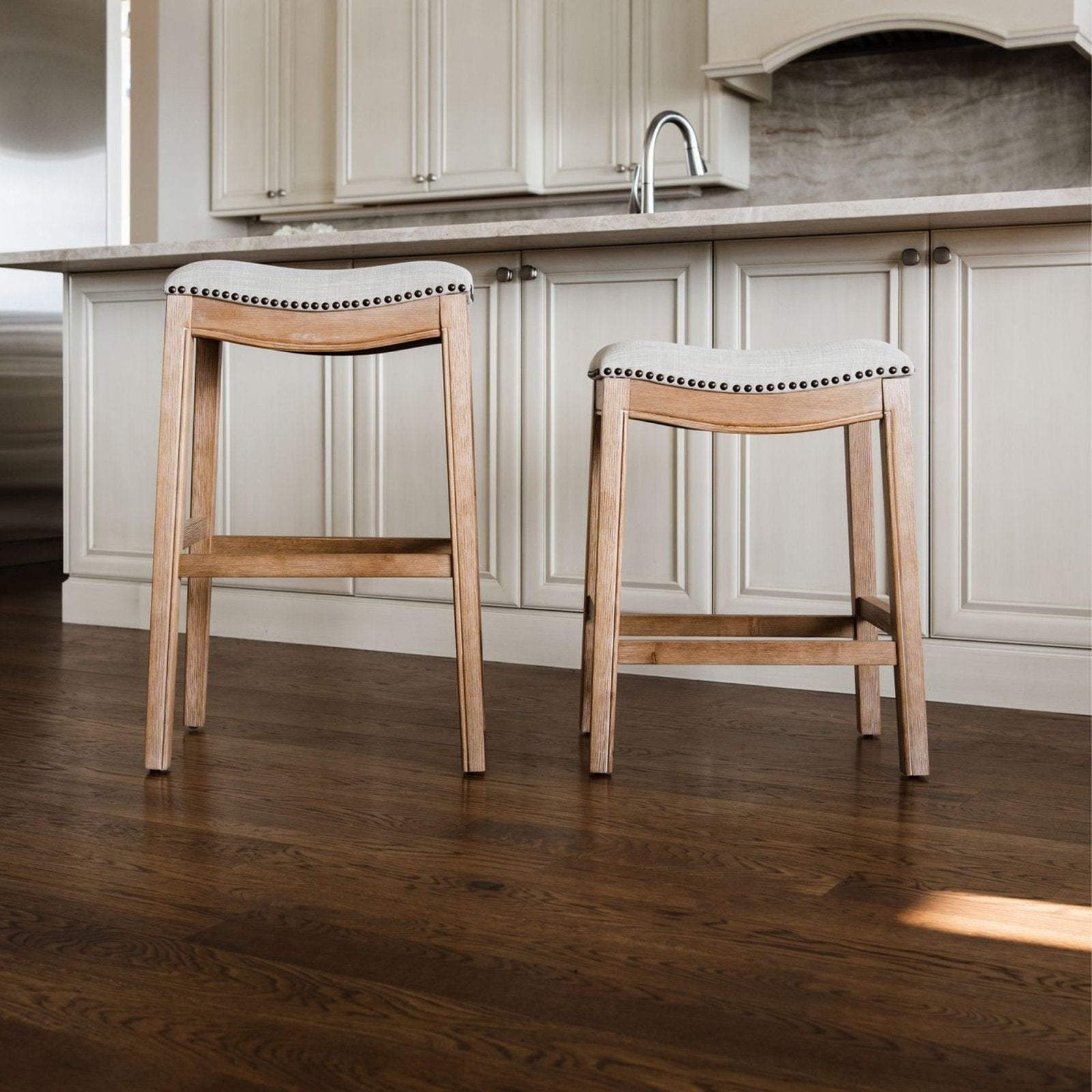 Adrien Saddle Bar Stool in Weathered Oak Finish w/ Sand Color Fabric  Upholstery