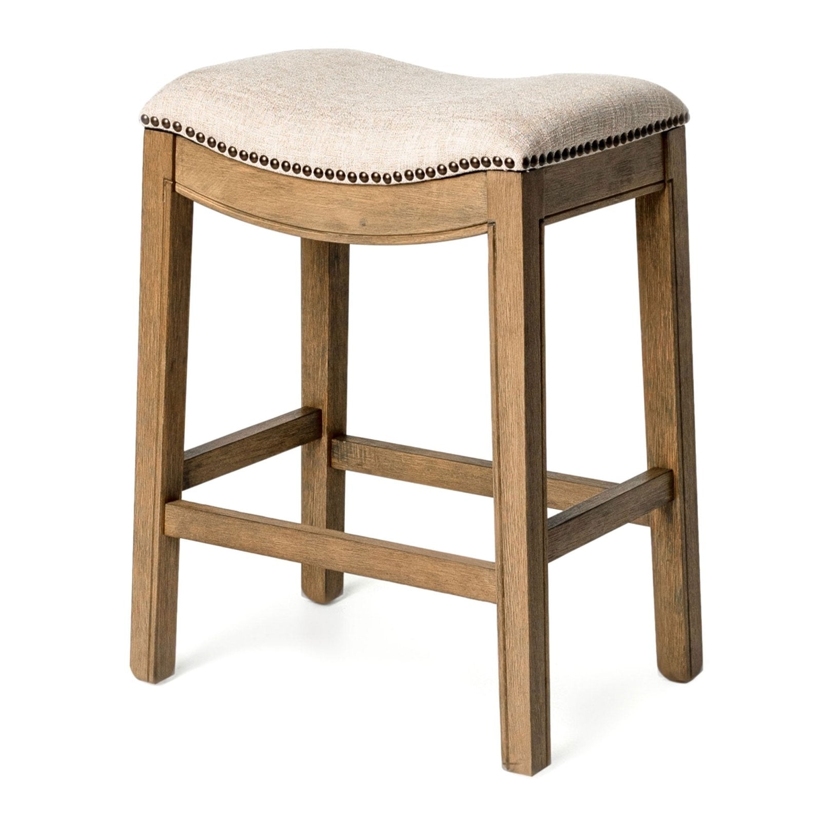 Adrien Saddle Counter Stool in Natural Wood Finish w/ Wheat Fabric Upholstery