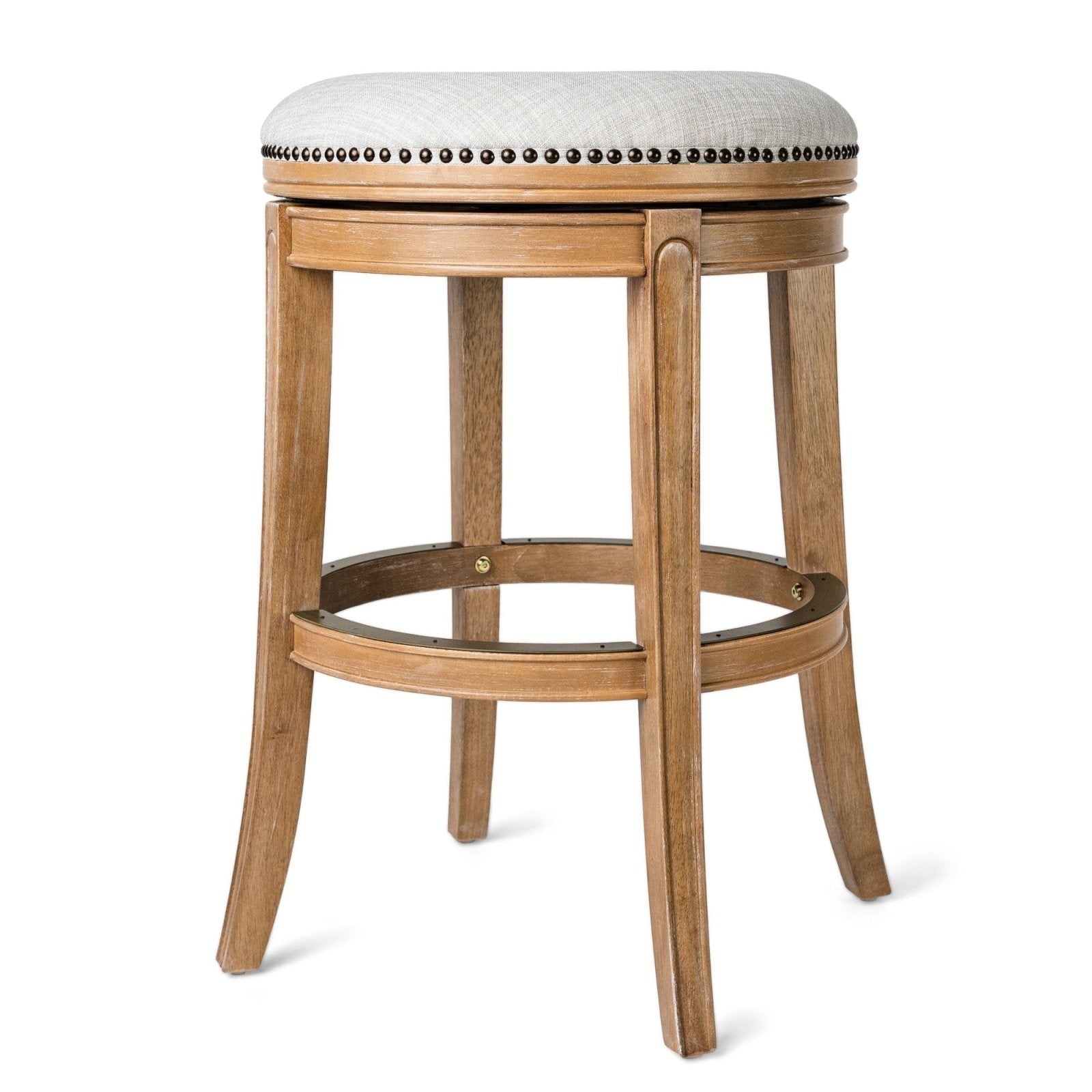 Alexander Backless Bar Stool in Weathered Oak Finish w/ Sand Color Fabric Upholstery