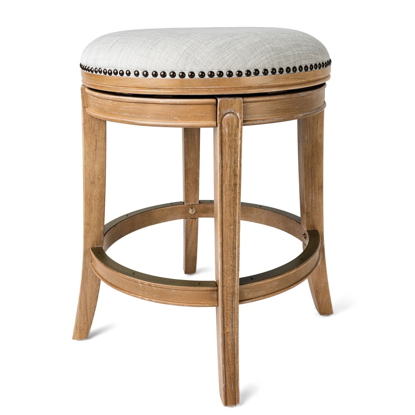 Alexander Backless Counter Stool in Weathered Oak Finish w/ Sand Color Fabric Upholstery